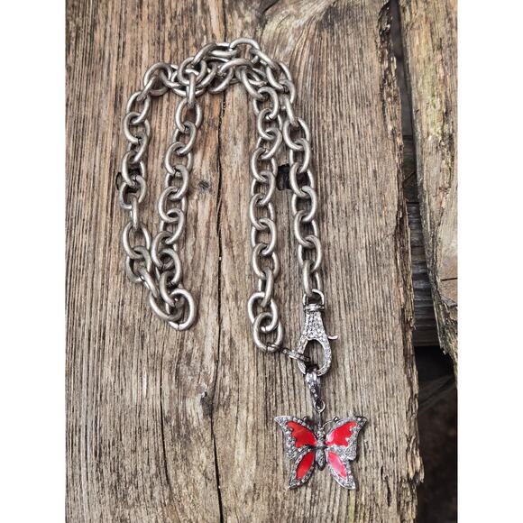 Sterling Silver Link Necklace w/Pave Diamond Clasp Red Enamel Butterfly Pendant - Picture 3 of 9